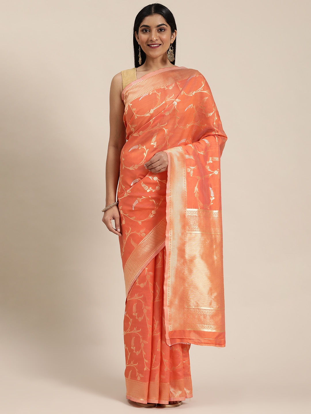 

Mitera Peach-Coloured & Silver-Toned Woven Design Kasavu Saree