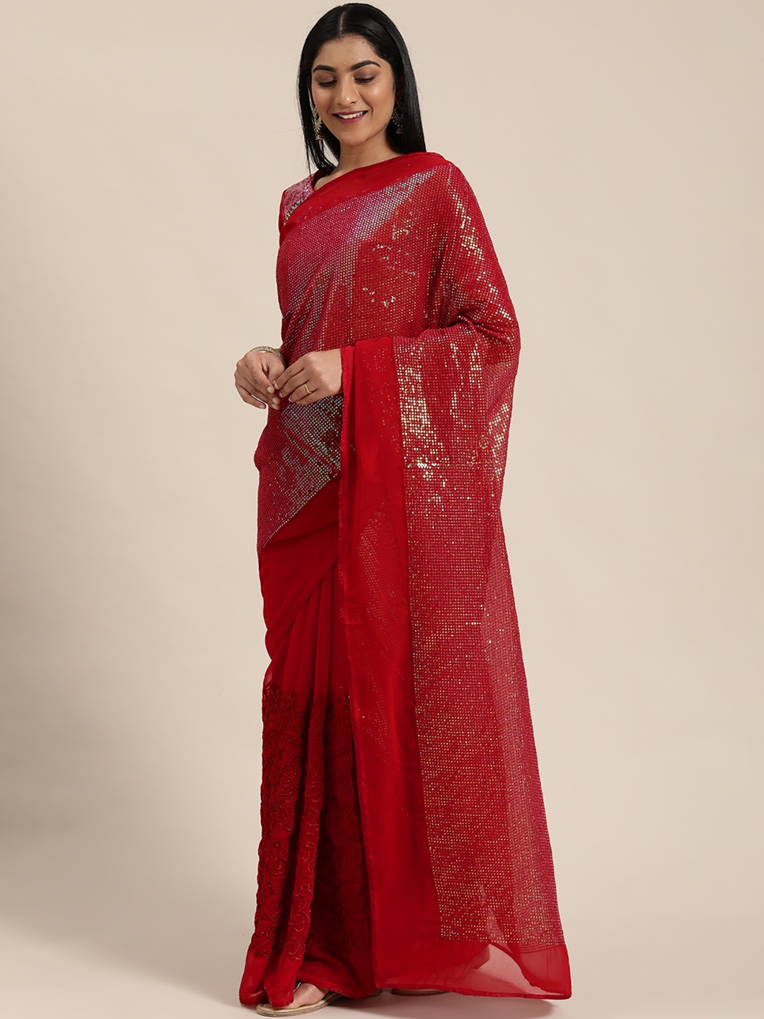 

Mitera Red Embellished Pure Georgette Saree