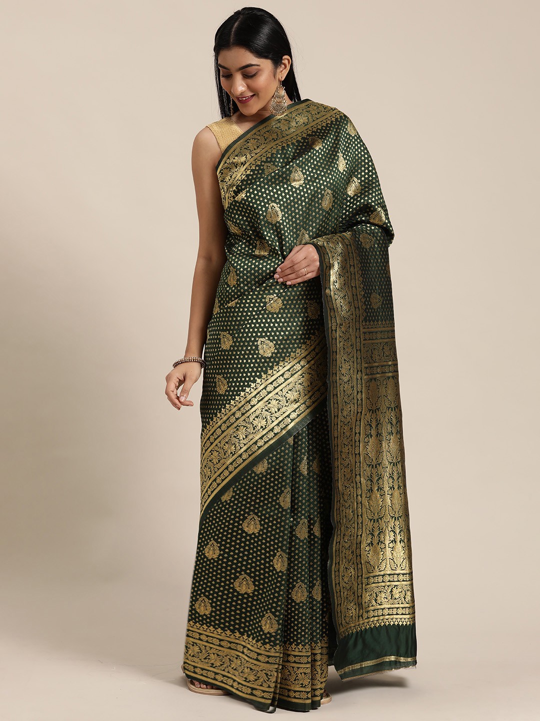 

Mitera Green & Gold-Toned Art Silk Woven Design Dharmavaram Saree