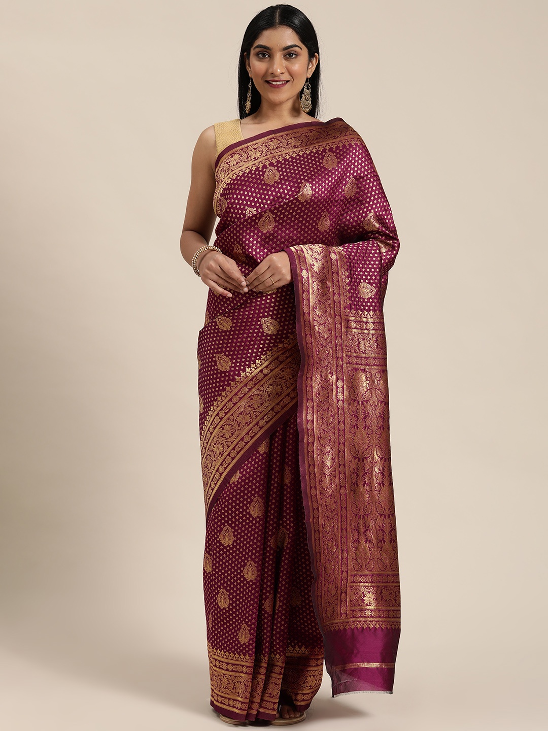 

Mitera Magenta & Gold-Toned Art Silk Woven Design Dharmavaram Saree