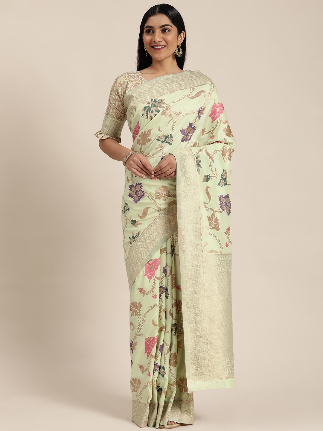 

Mitera Green & Gold-Toned Woven Design Kasavu Saree