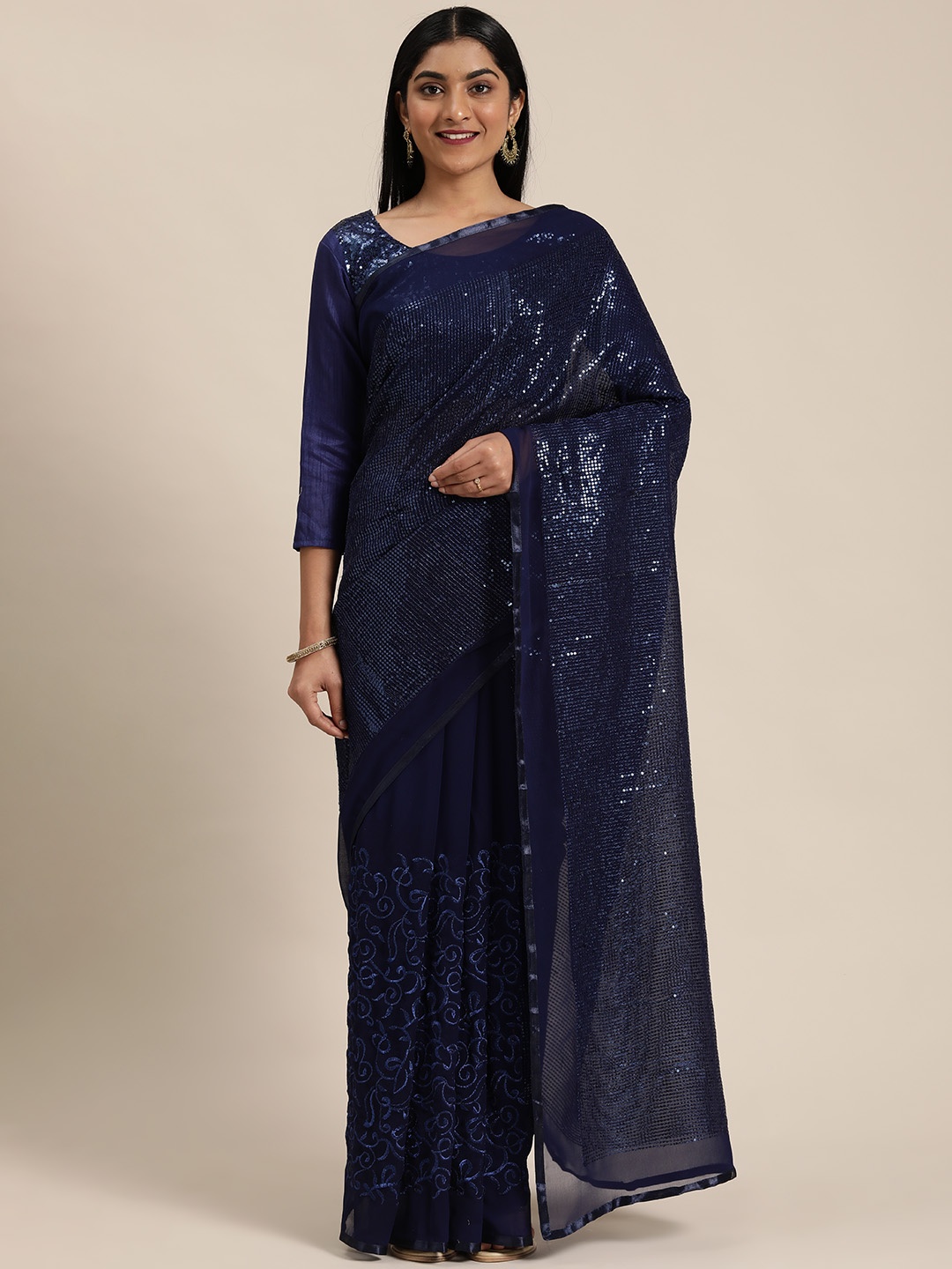 

Mitera WomenNavy Blue Pure Georgette Embellished Saree, Navy blue