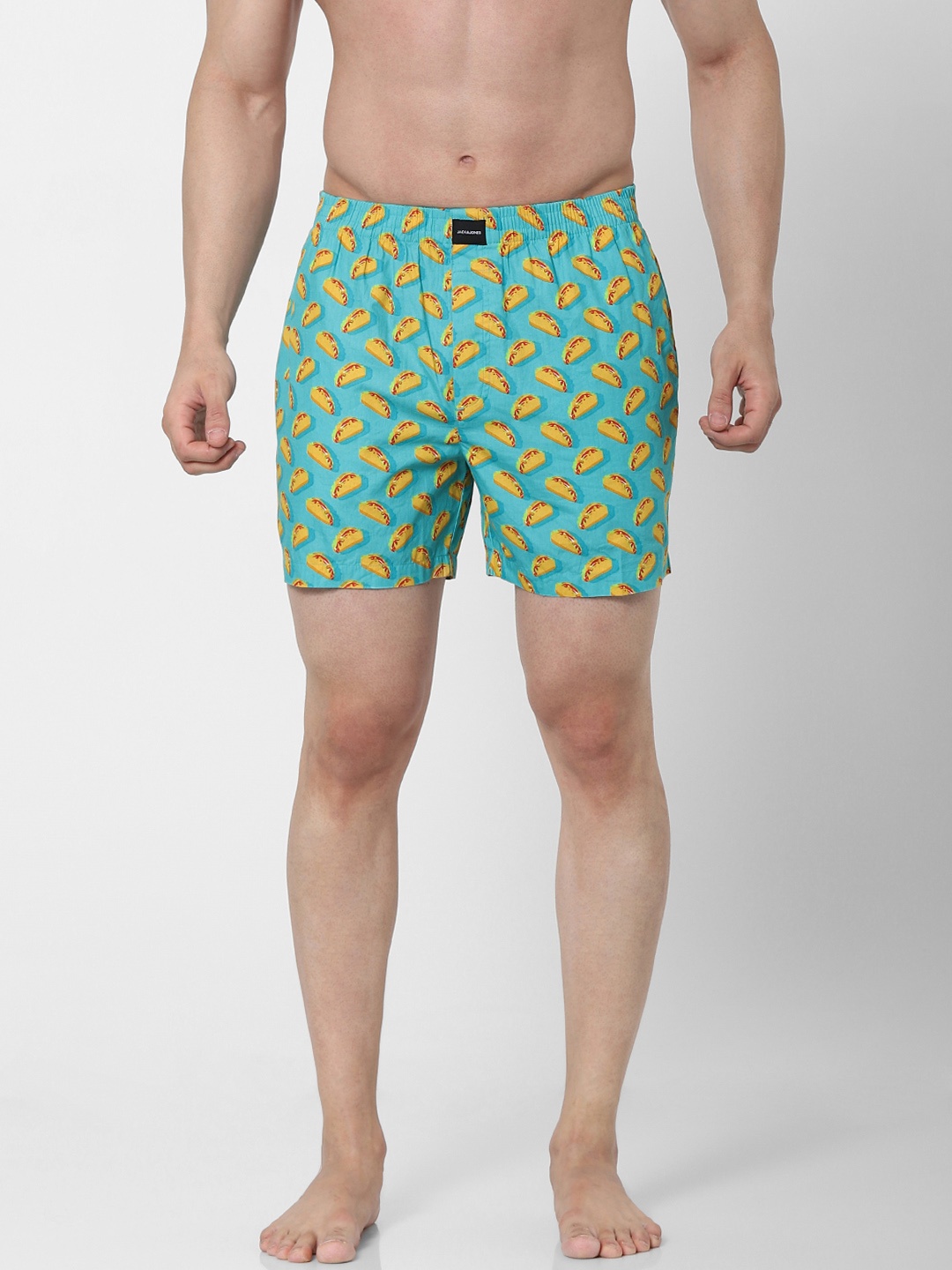 

Jack & Jones Men Turquoise Blue & Mustard Yellow Printed Boxers 2443577001