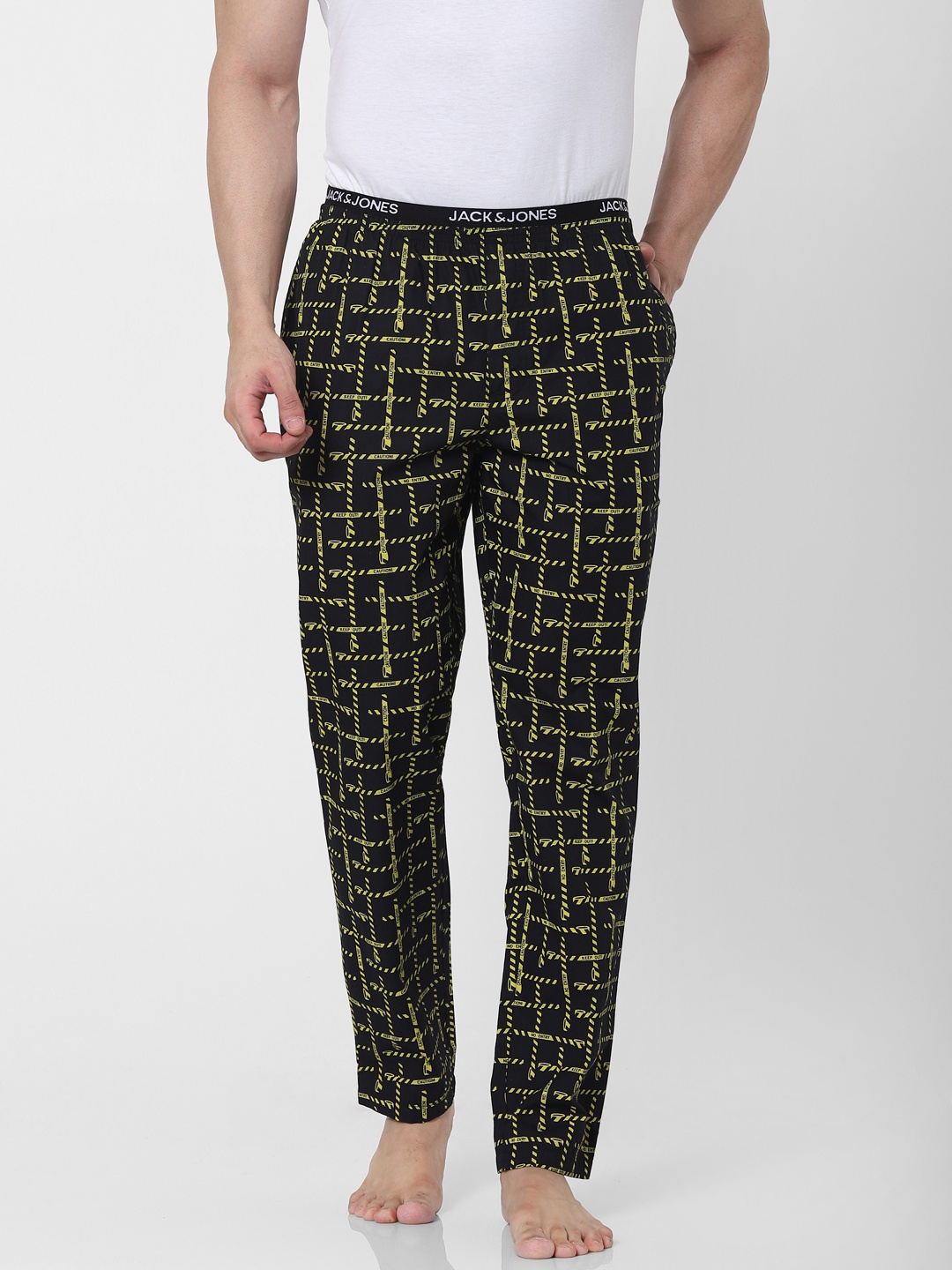 

Jack & Jones Men Black & Lime Green Printed Lounge Pants