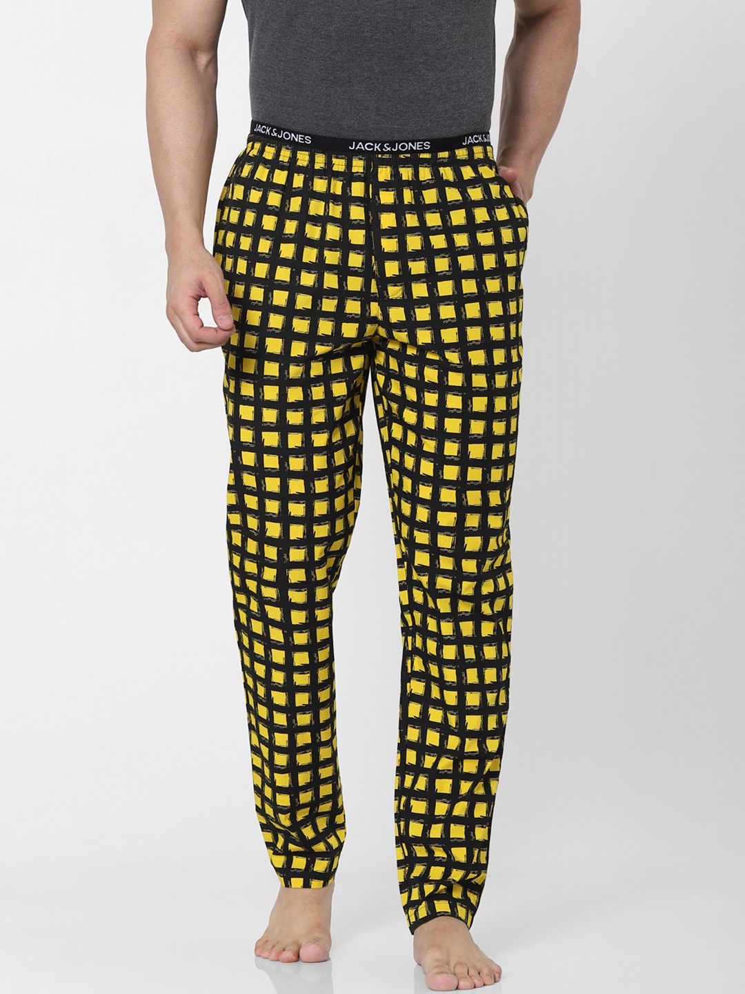 

Jack & Jones Men Yellow & Black Checked Lounge Pants