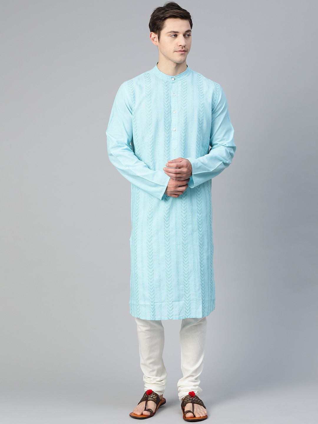 

Fabindia Men Blue Chikankari Hand Embroidered Striped Slim Fit Pure Cotton Straight Kurta
