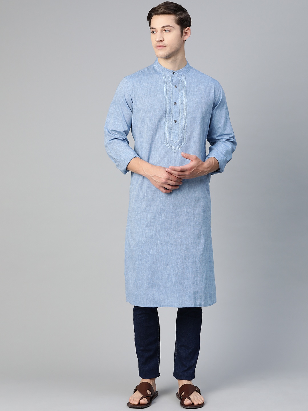 

Fabindia Men Blue Slim Fit Chikankari Yoke Design Pure Cotton Straight Kurta