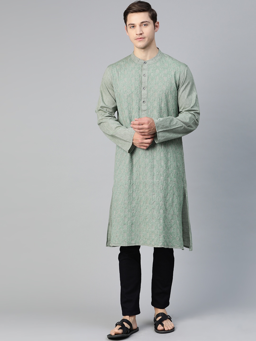 

Fabindia Men Green Pure Cotton Chikankari Hand Embroidered Straight Kurta