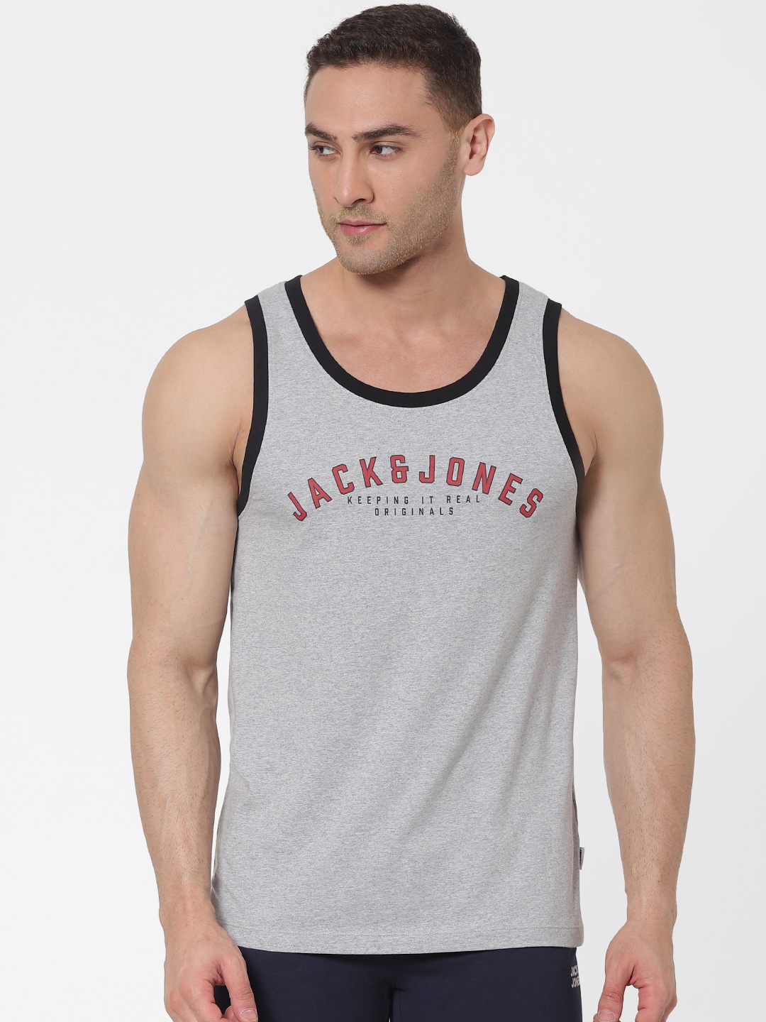 

Jack & Jones Men Grey Melange Printed Innerwear Vest 2302020001