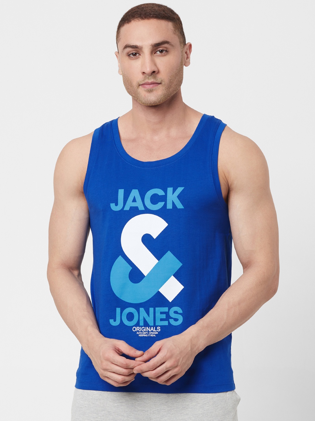 

Jack & Jones Men Blue Printed Innerwear Vest 2175140001