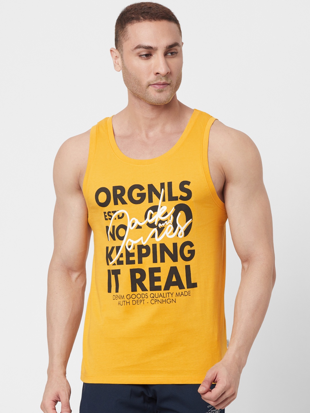 

Jack & Jones Men Yellow Printed Innerwear Vest 2175139001
