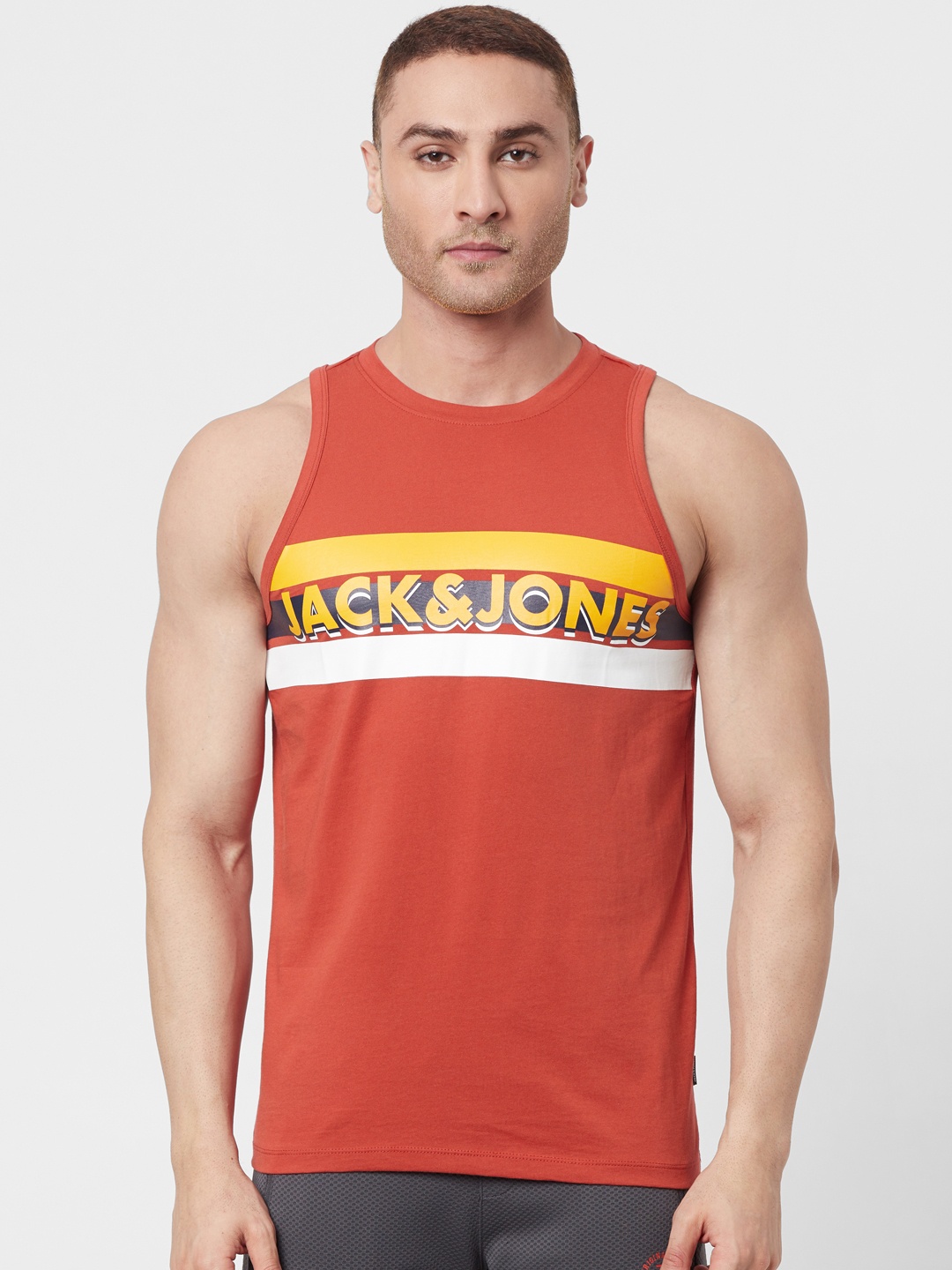 

Jack Jones Men Rust Red Printed Round Neck Lounge Pure Cotton T-shirt