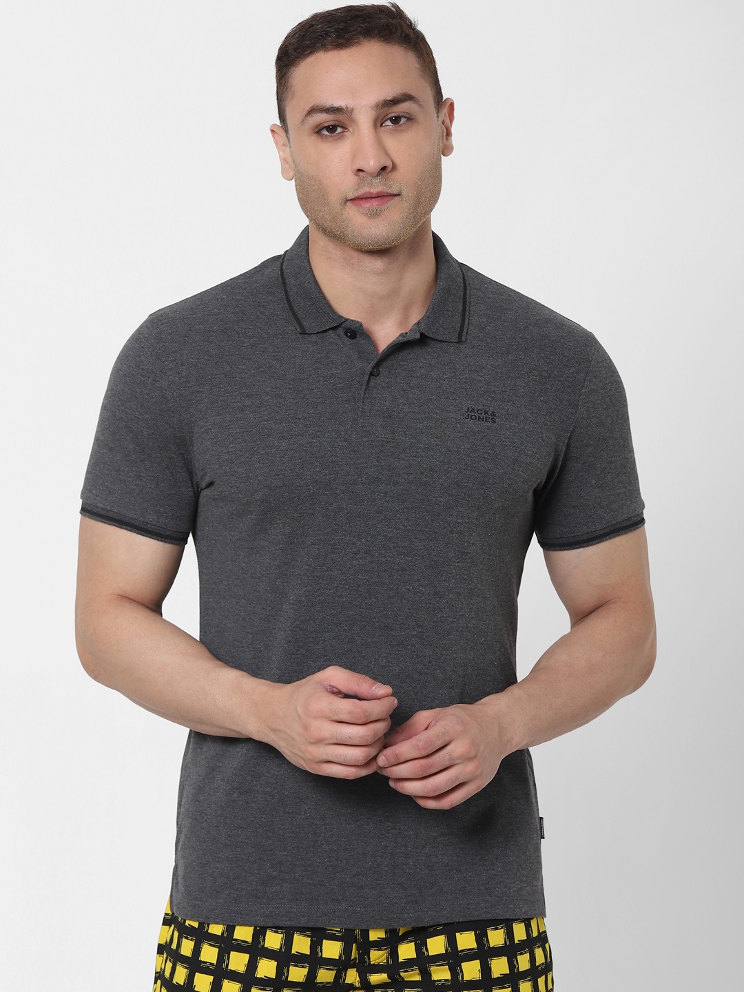 

Jack & Jones Men Charcoal Grey Solid Polo Collar Lounge T-shirt
