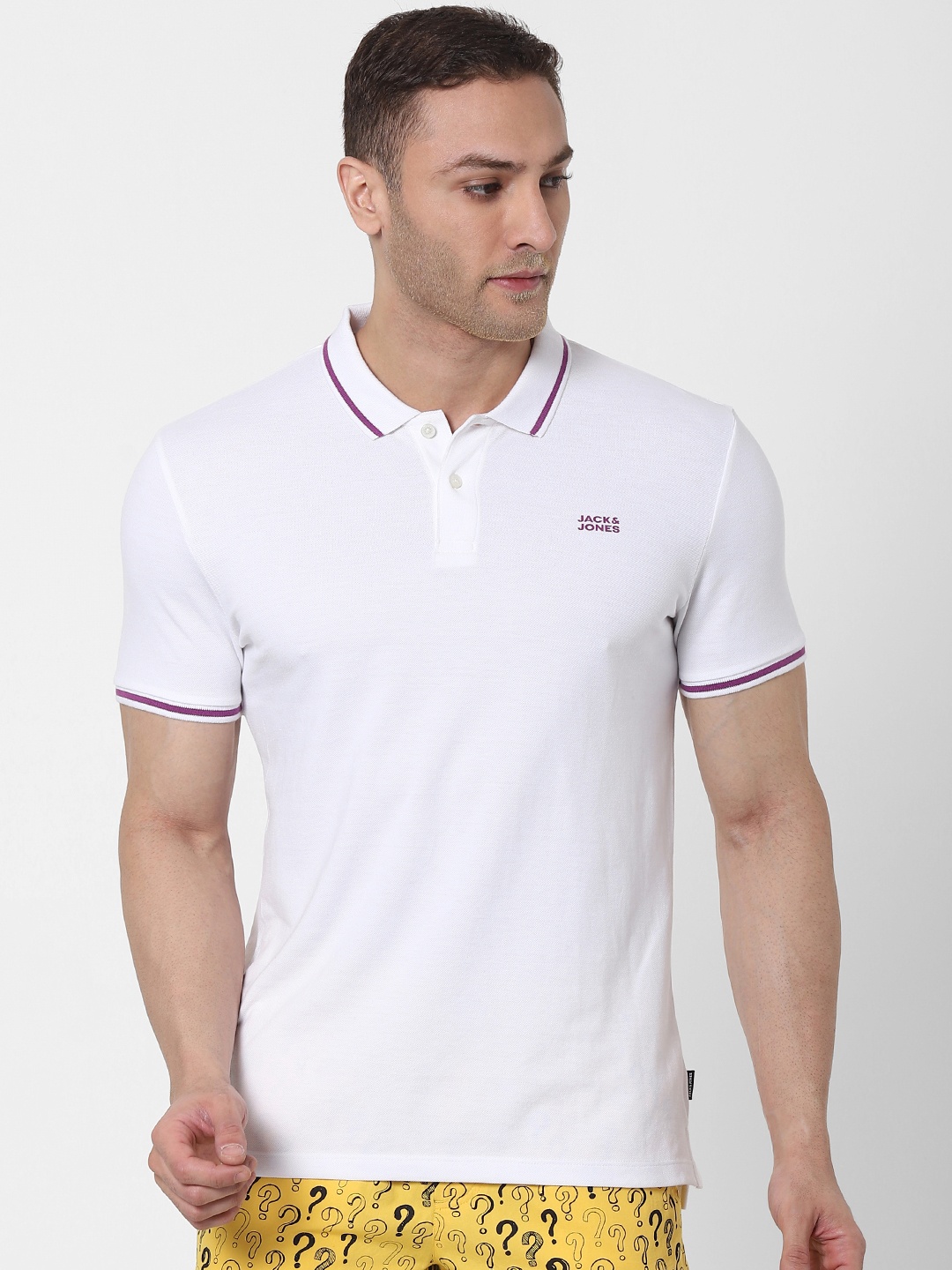 

Jack & Jones Men White Solid Polo Collar Lounge T-shirt