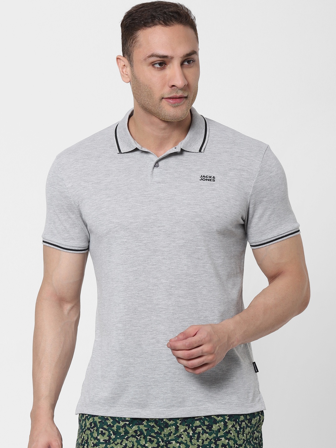 

Jack & Jones Men Grey Melange Solid Polo Collar Lounge T-shirt