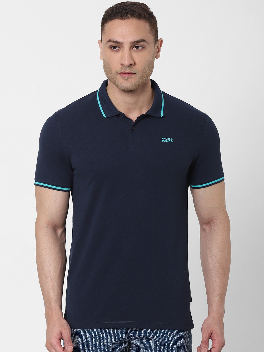 

Jack & Jones Men Navy Blue Solid Polo Collar Lounge T-shirt