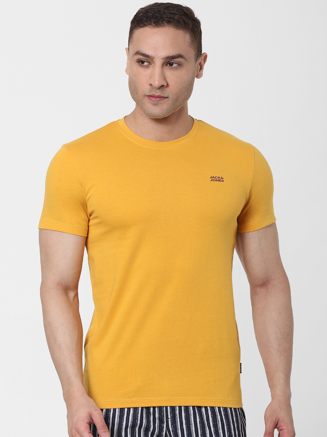 

Jack & Jones Men Mustard Yellow Solid Round Neck Lounge T-shirt