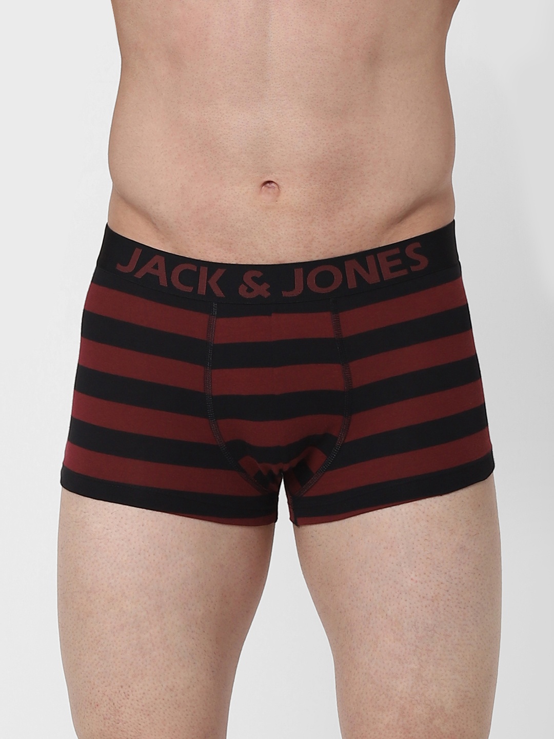 

Jack & Jones Men Black & Maroon Striped Trunks 2288239001