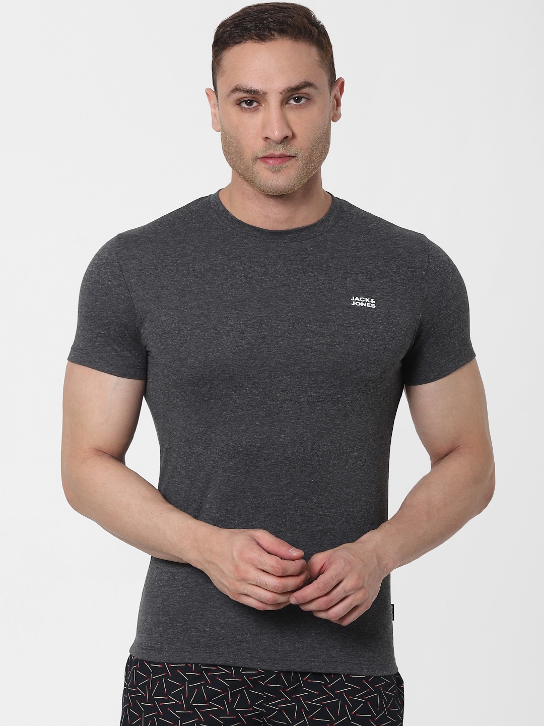 

Jack & Jones Men Grey Melange Solid Round Neck Lounge T-shirt