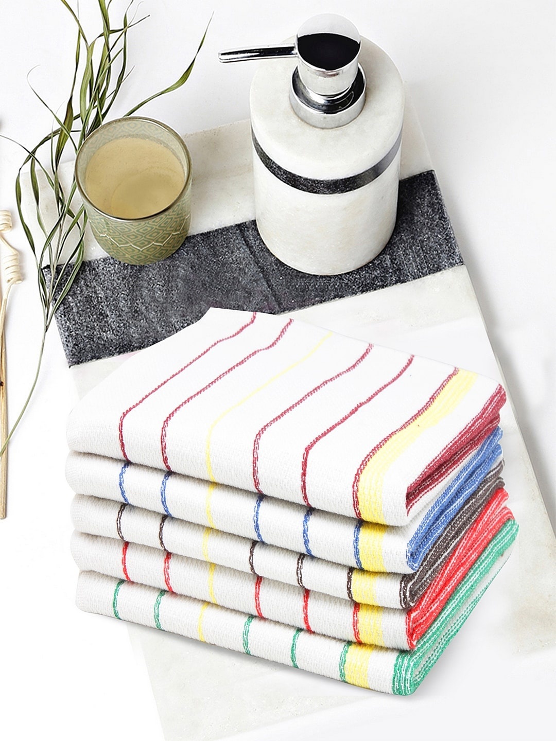 

KLOTTHE Unisex Set Of 5 Striped 350 GSM Hand Towels, White