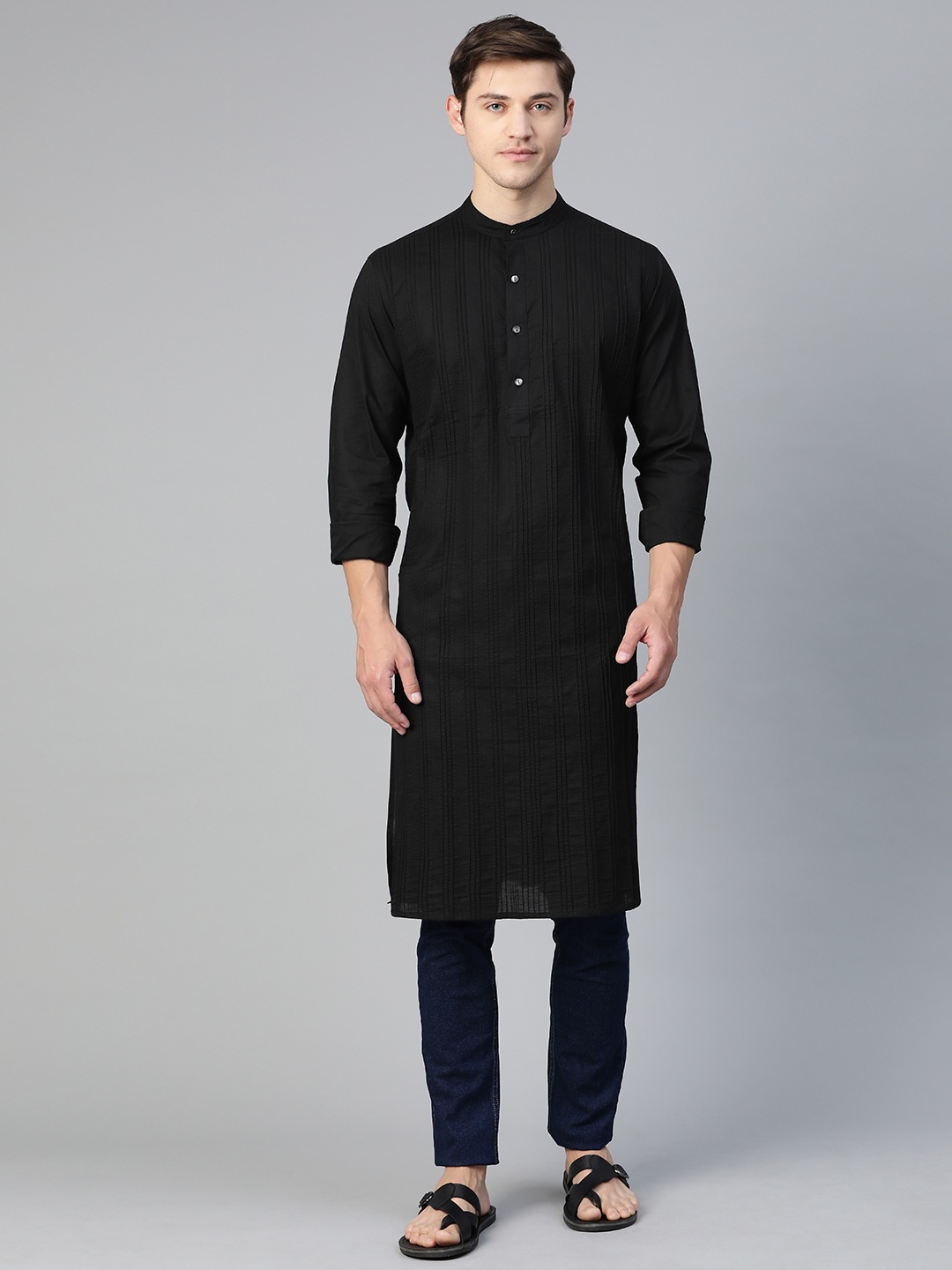 

Fabindia Men Black Pure Cotton Self-Striped Straight Kurta