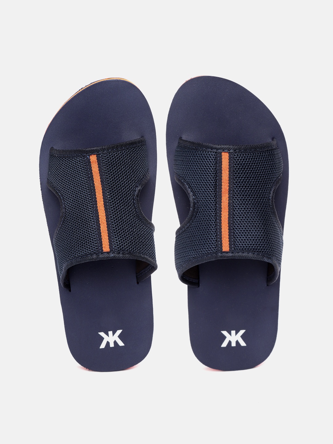 

Kook N Keech Men Navy Blue & Orange Self Design Sliders with Cut Out Detail