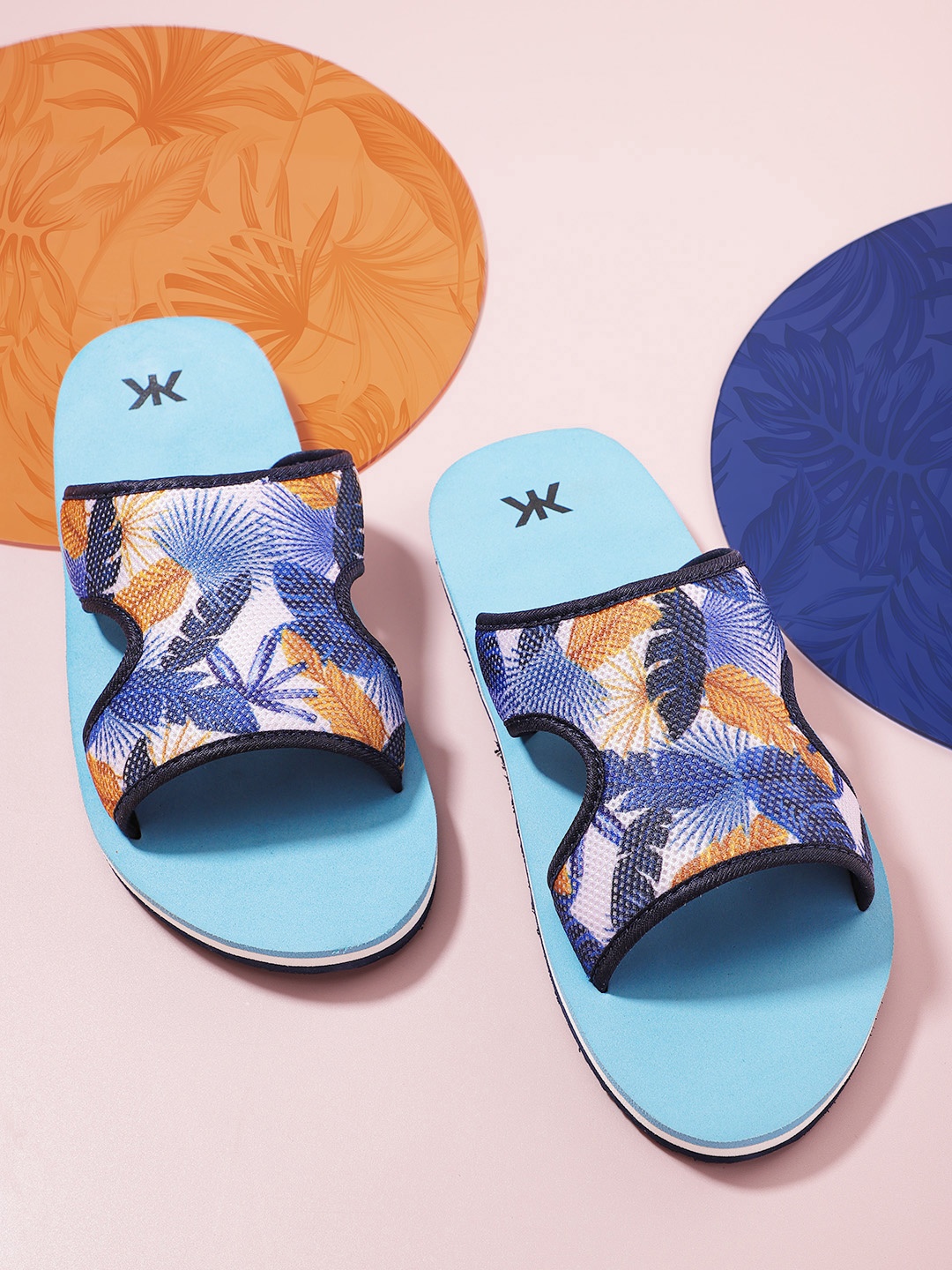 

Kook N Keech Men Blue & Orange Tropical Print Sliders with Cut Out Detail