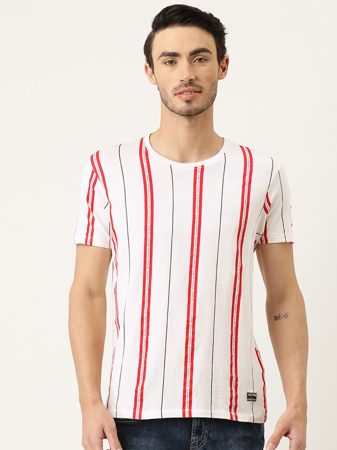 

Flying Machine Men Off-White Striped Round Neck Pure Cotton T-shirt