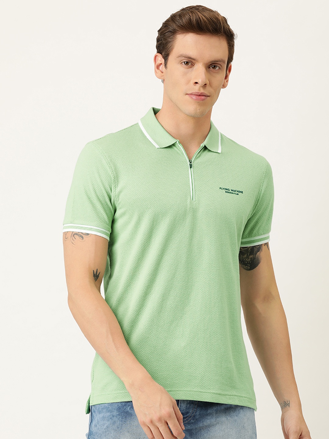 

Flying Machine Men Green Solid Polo Collar T-shirt