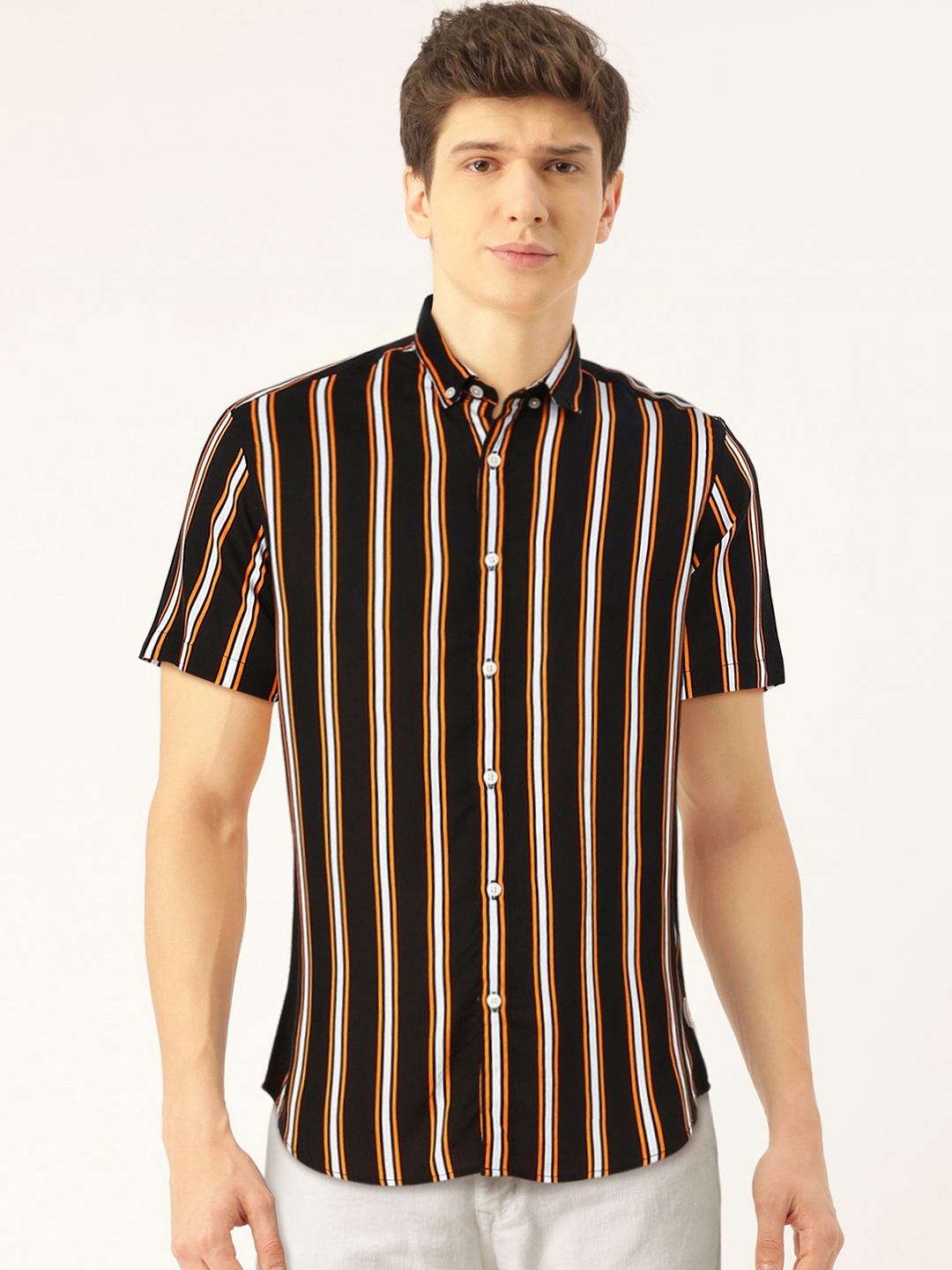 

Flying Machine Men Black & Yellow Slim Fit Striped Casual Shirt