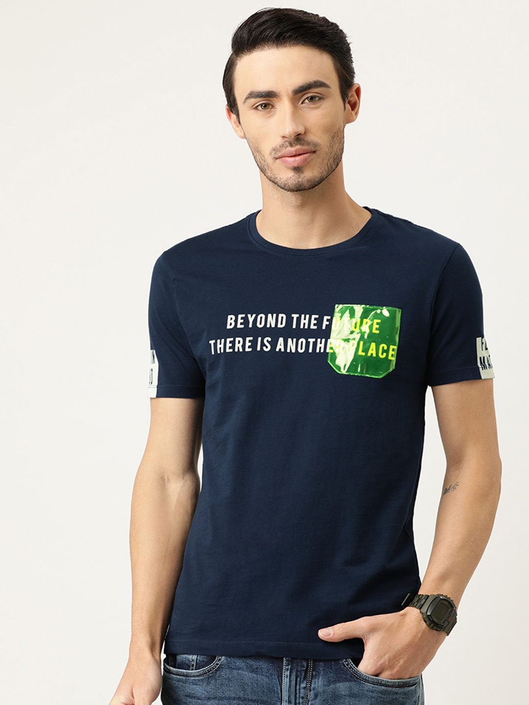 

Flying Machine Men Navy Blue Printed Round Neck Pure Cotton T-shirt