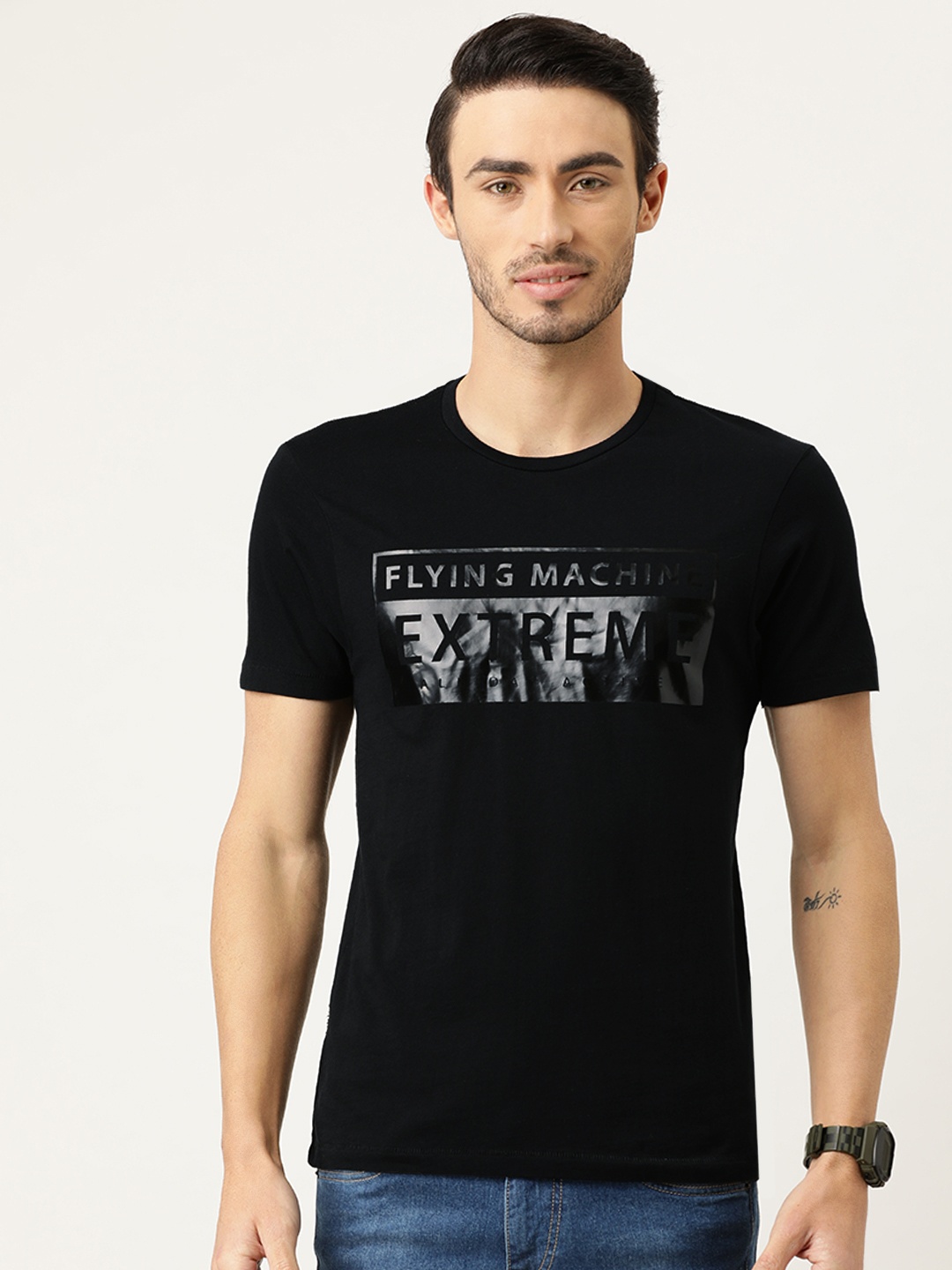 

Flying Machine Men Black Printed Round Neck Pure Cotton T-shirt