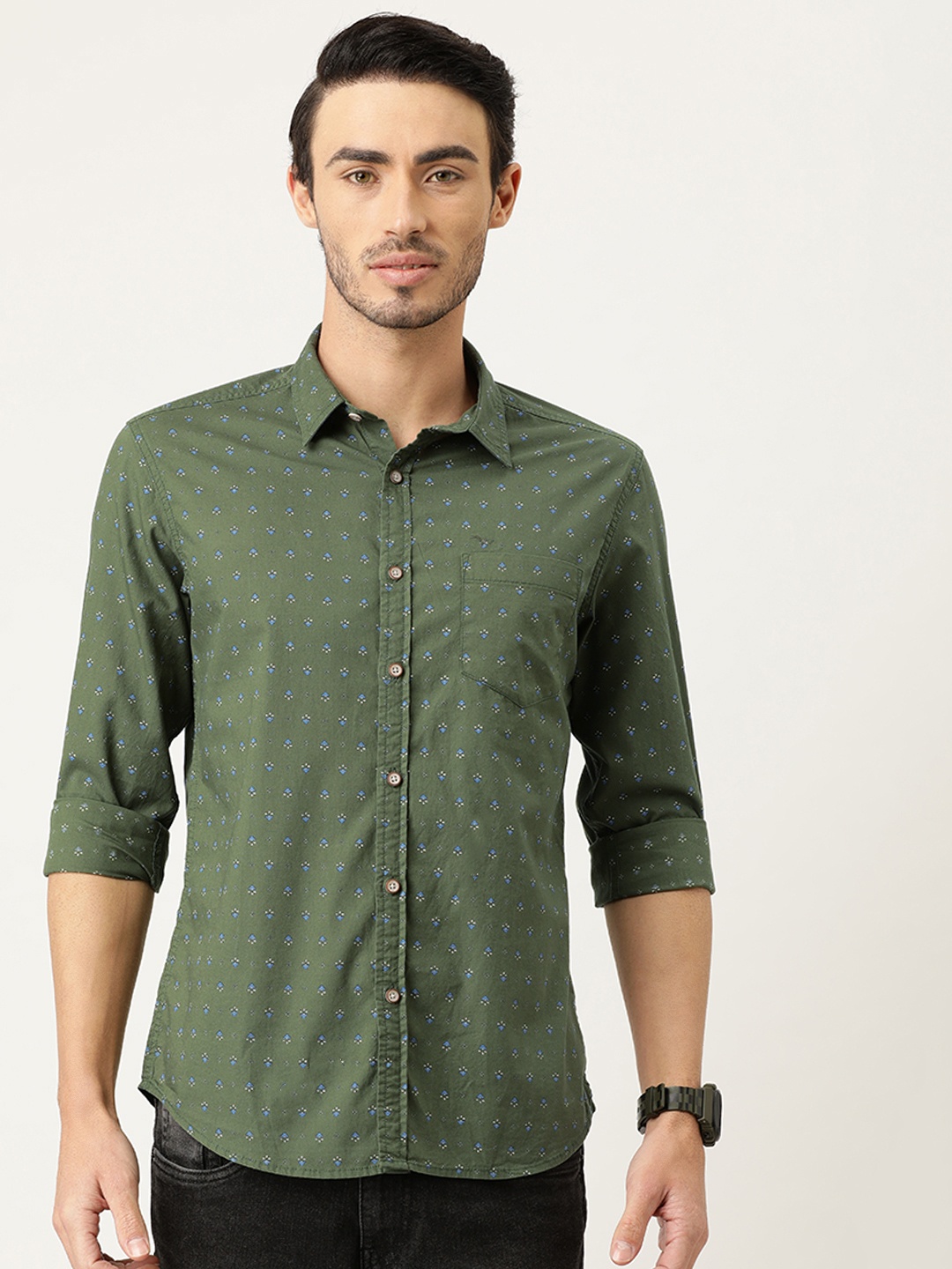 

Flying Machine Men Green & Blue Slim Fit Printed Casual Shirt