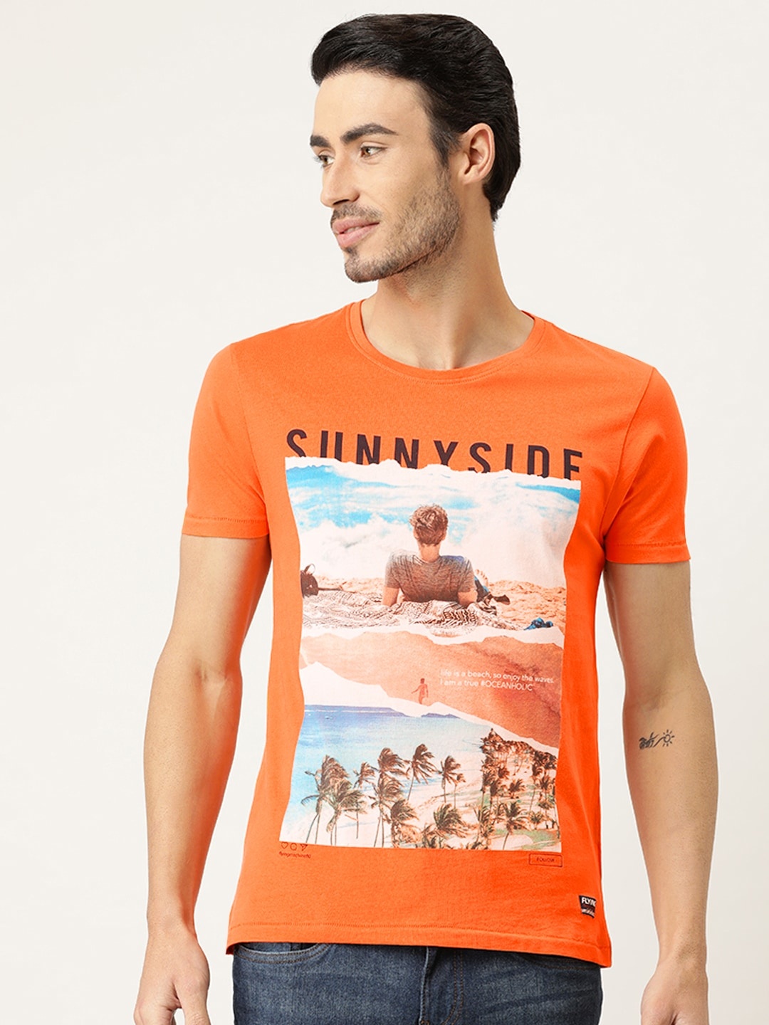 

Flying Machine Men Orange Printed Round Neck Pure Cotton T-shirt