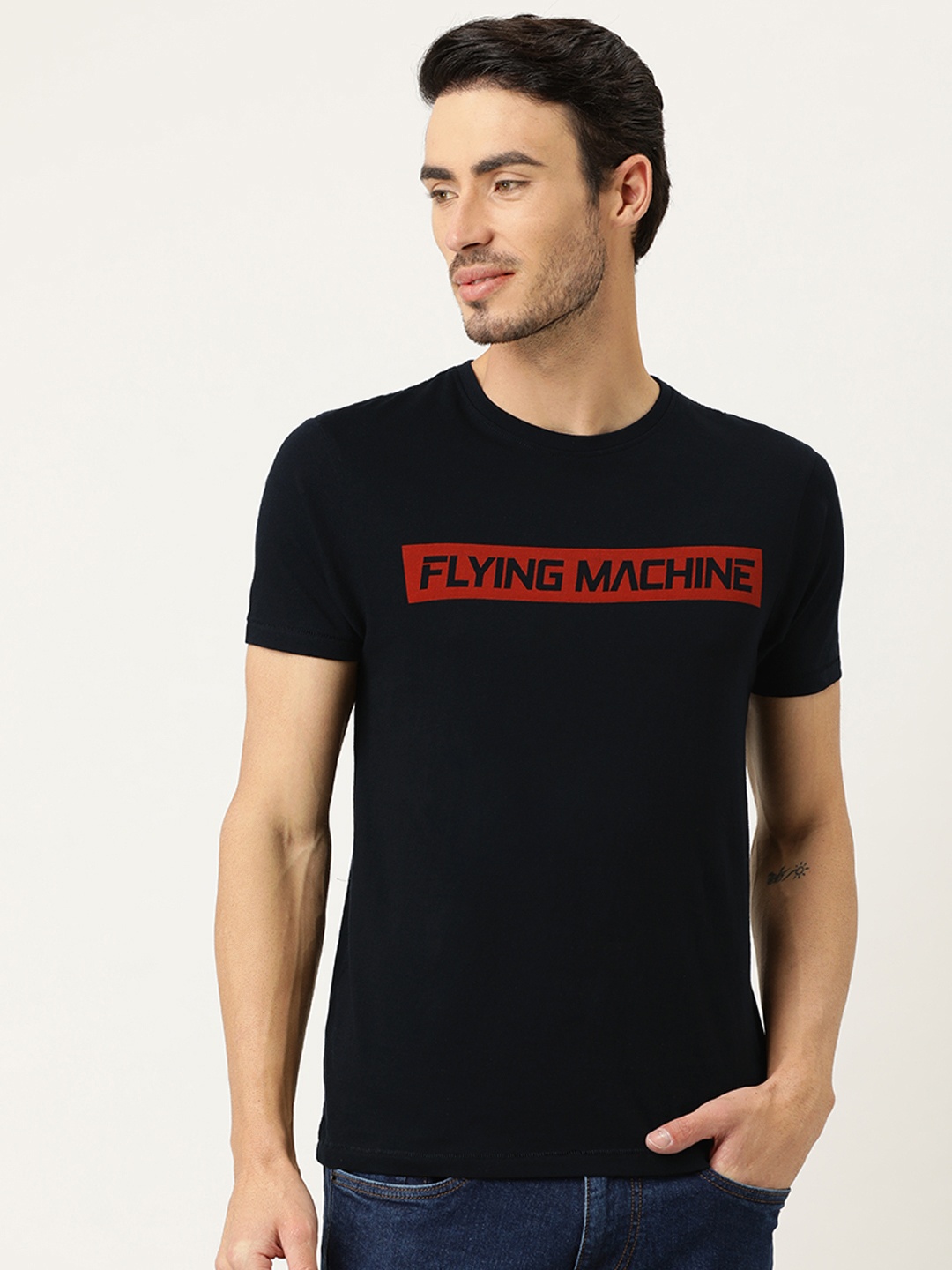 

Flying Machine Men Black Printed Round Neck Pure Cotton T-shirt