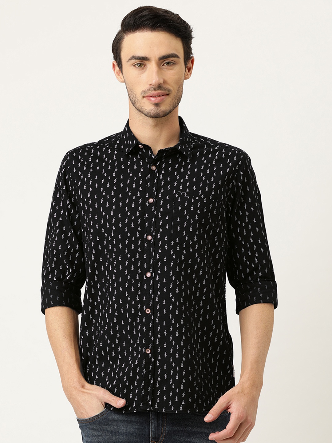 

Flying Machine Men Black & Grey Slim Fit Printed Casual Shirt