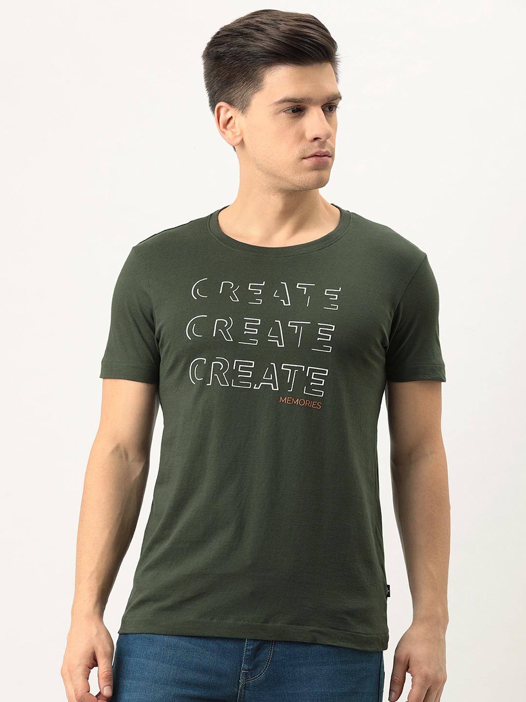 

Flying Machine Men Olive Green Typography Printed Pure Cotton T-shirt