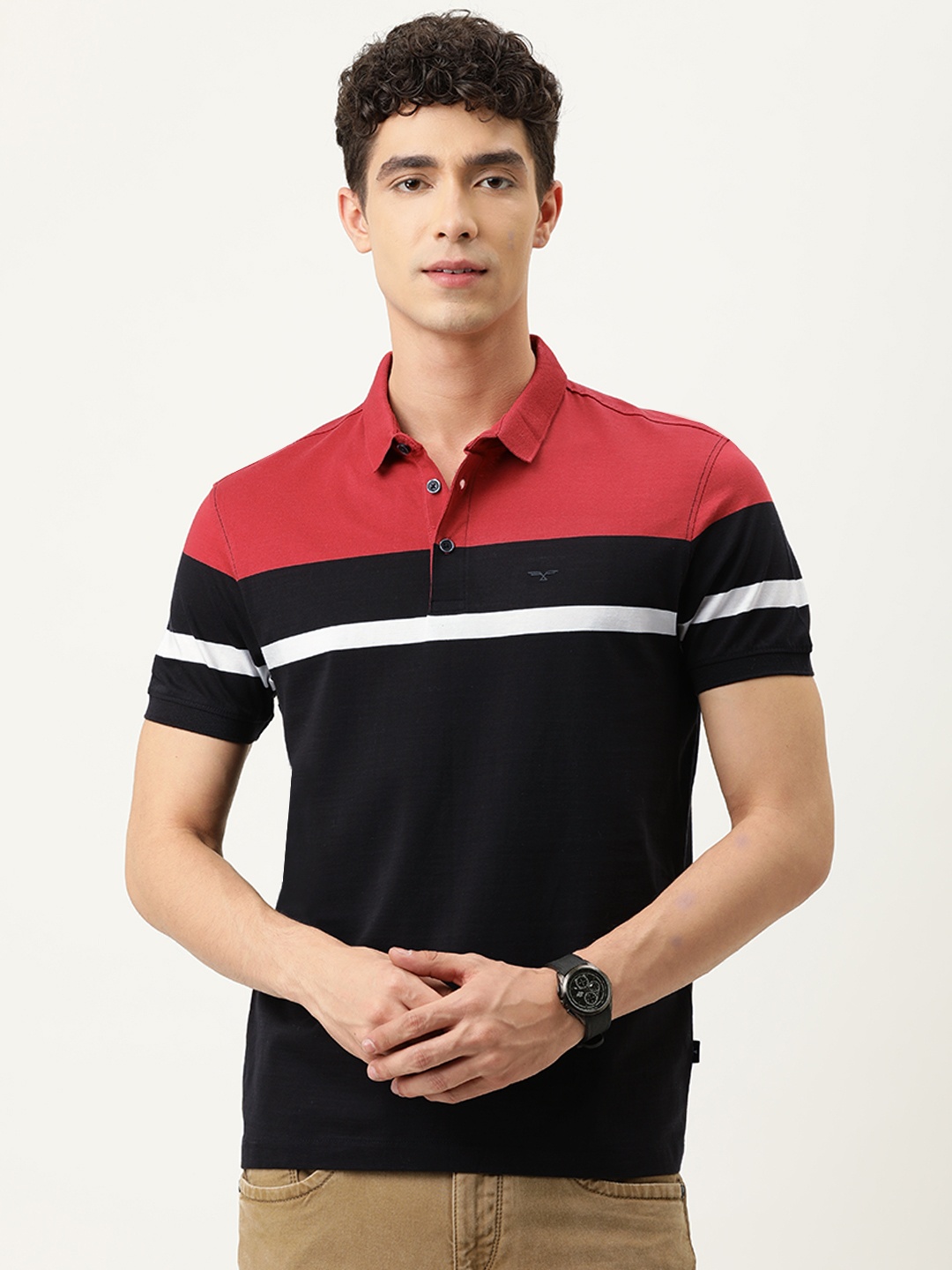 

Flying Machine Men Black Red Colourblocked Polo Collar Pure Cotton T-shirt