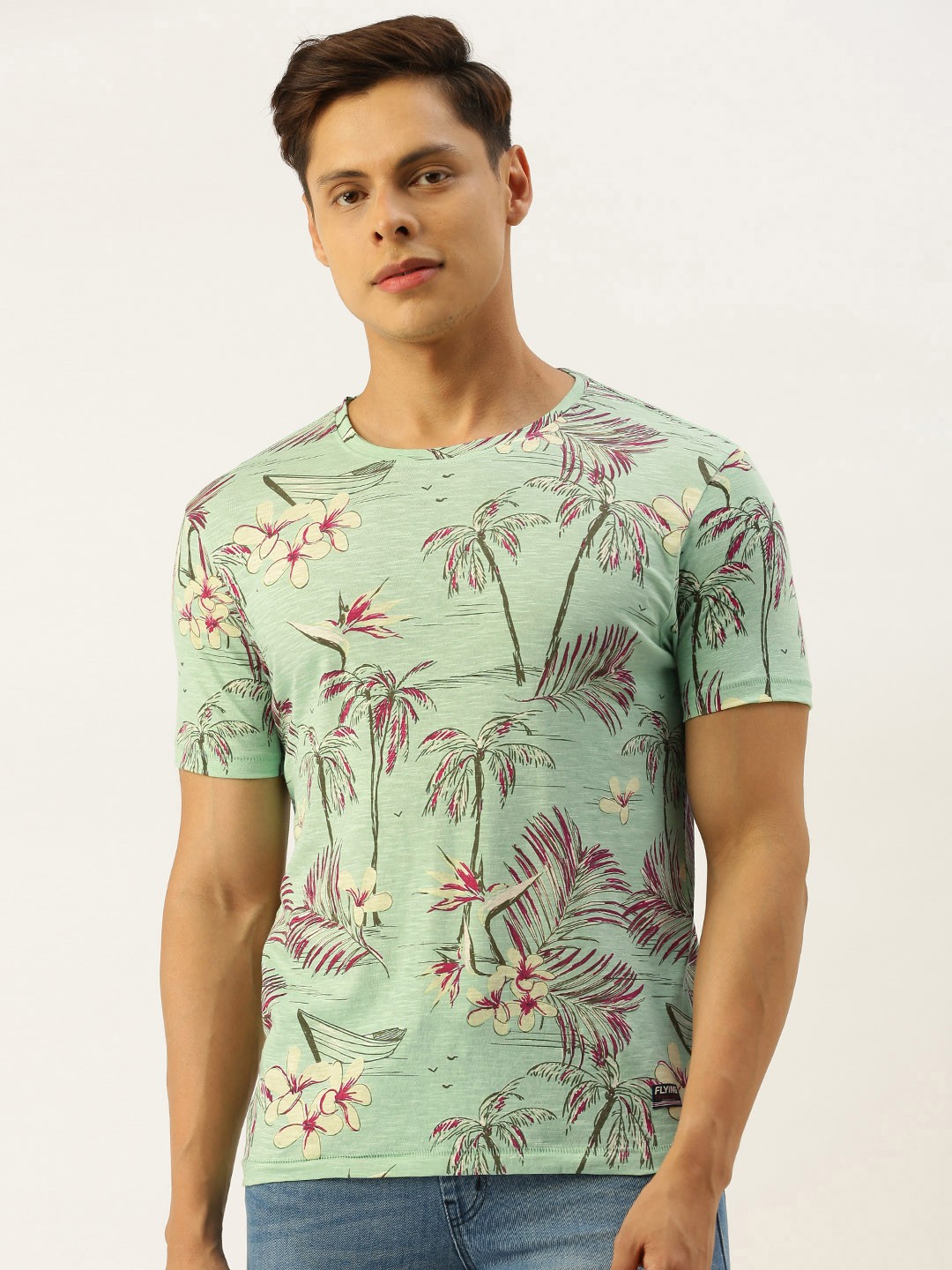 

Flying Machine Men Green & Pink Pure Cotton Tropical Print Round Neck T-shirt