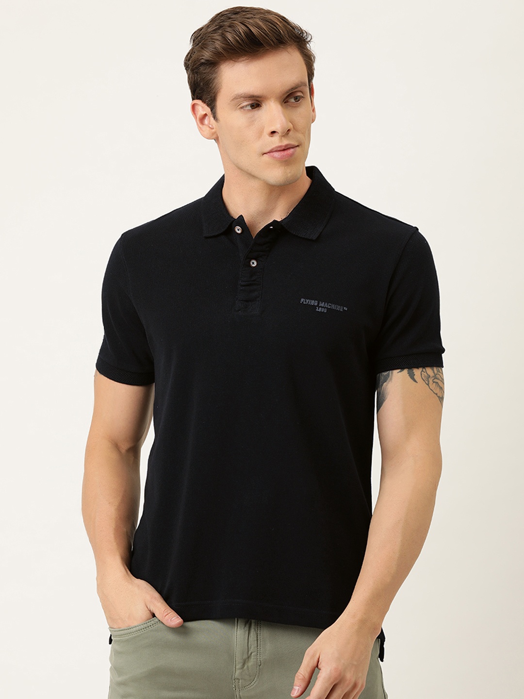 

Flying Machine Men Black Solid Polo Collar Pure Cotton T-shirt