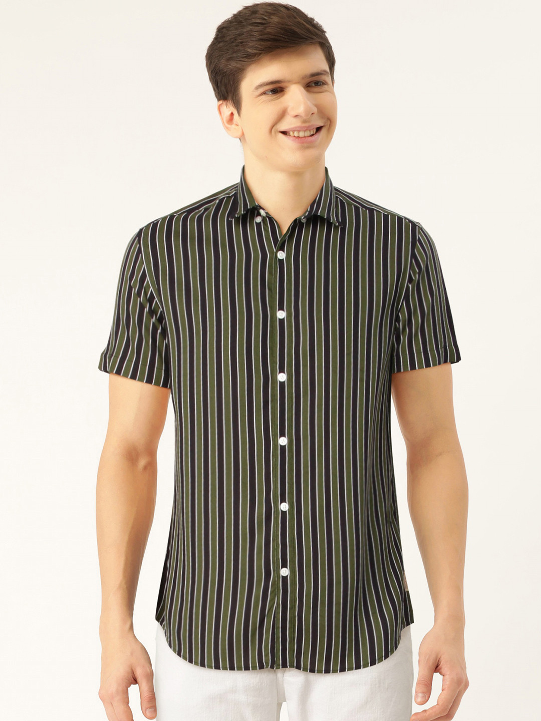 

Flying Machine Men Green & Black Slim Fit Striped Casual Shirt
