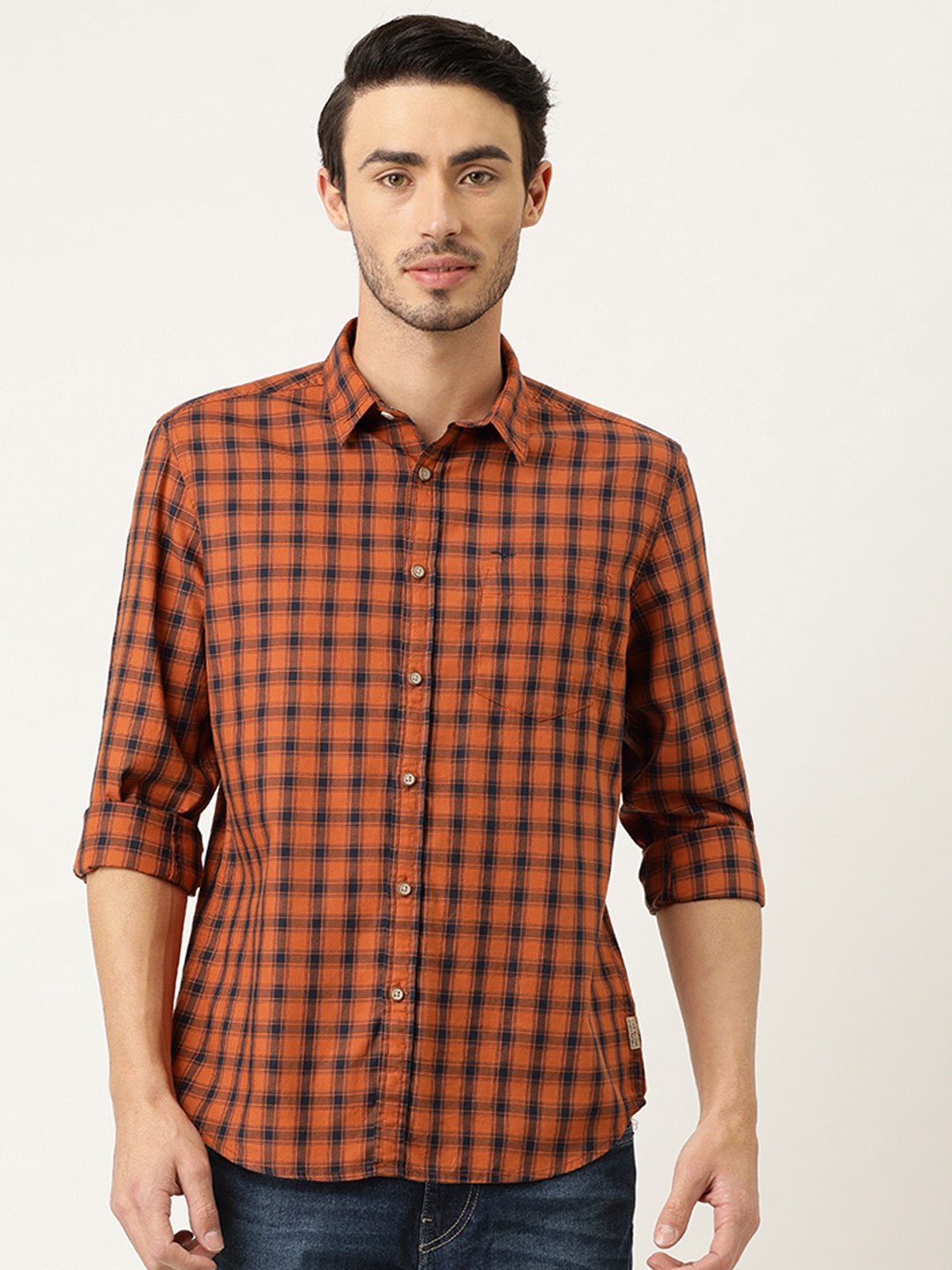 

Flying Machine Men Rust Orange & Navy Blue Slim Fit Checked Casual Shirt