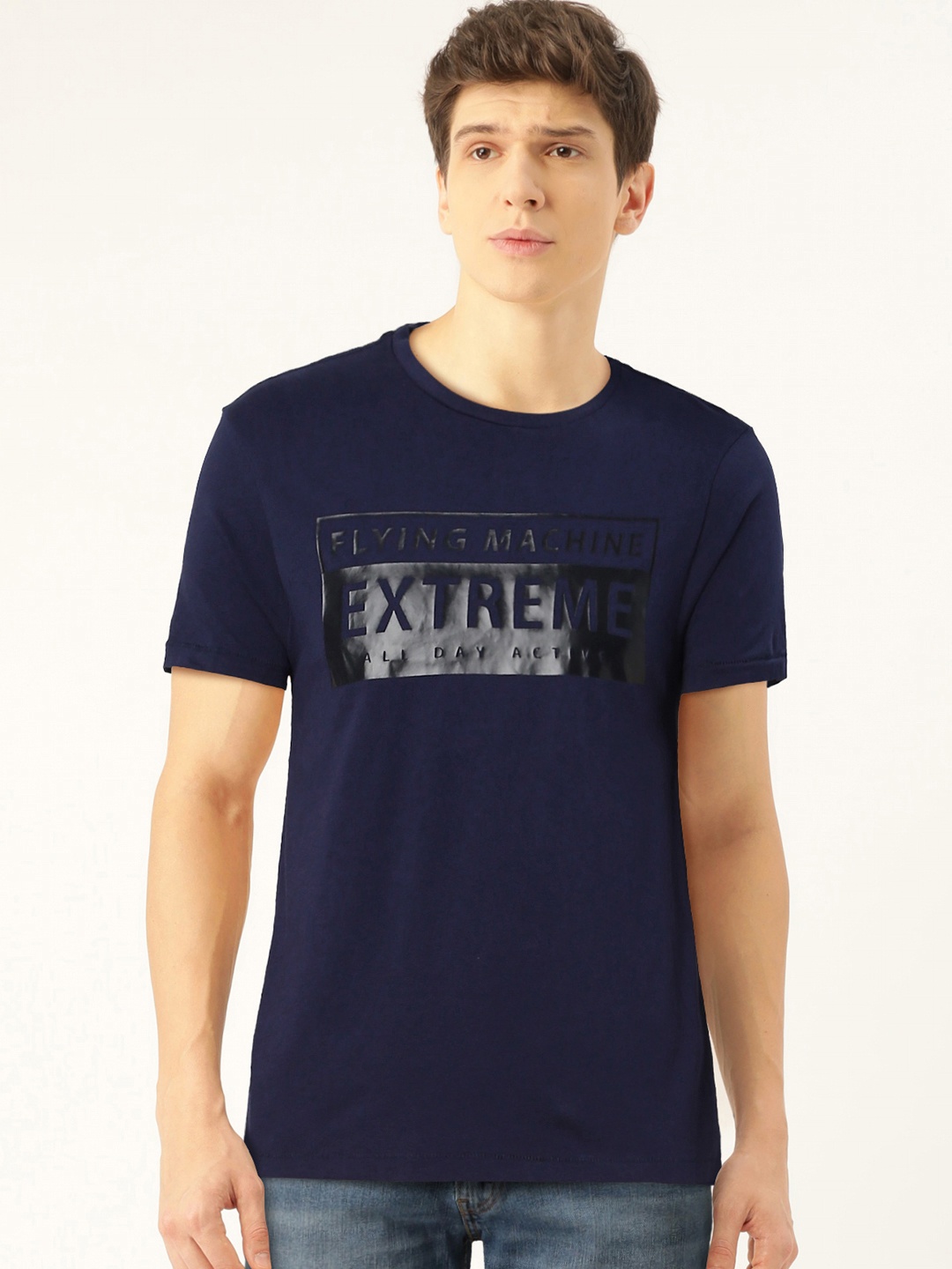 

Flying Machine Men Navy Blue Printed Round Neck T-shirt