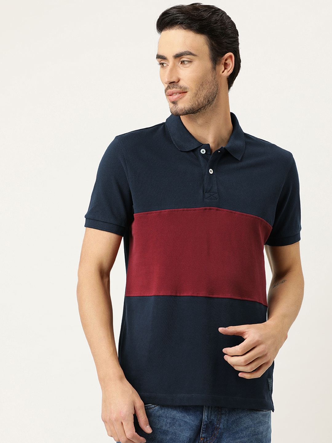 

Flying Machine Men Navy Blue Colourblocked Polo Collar Pure Cotton T-shirt