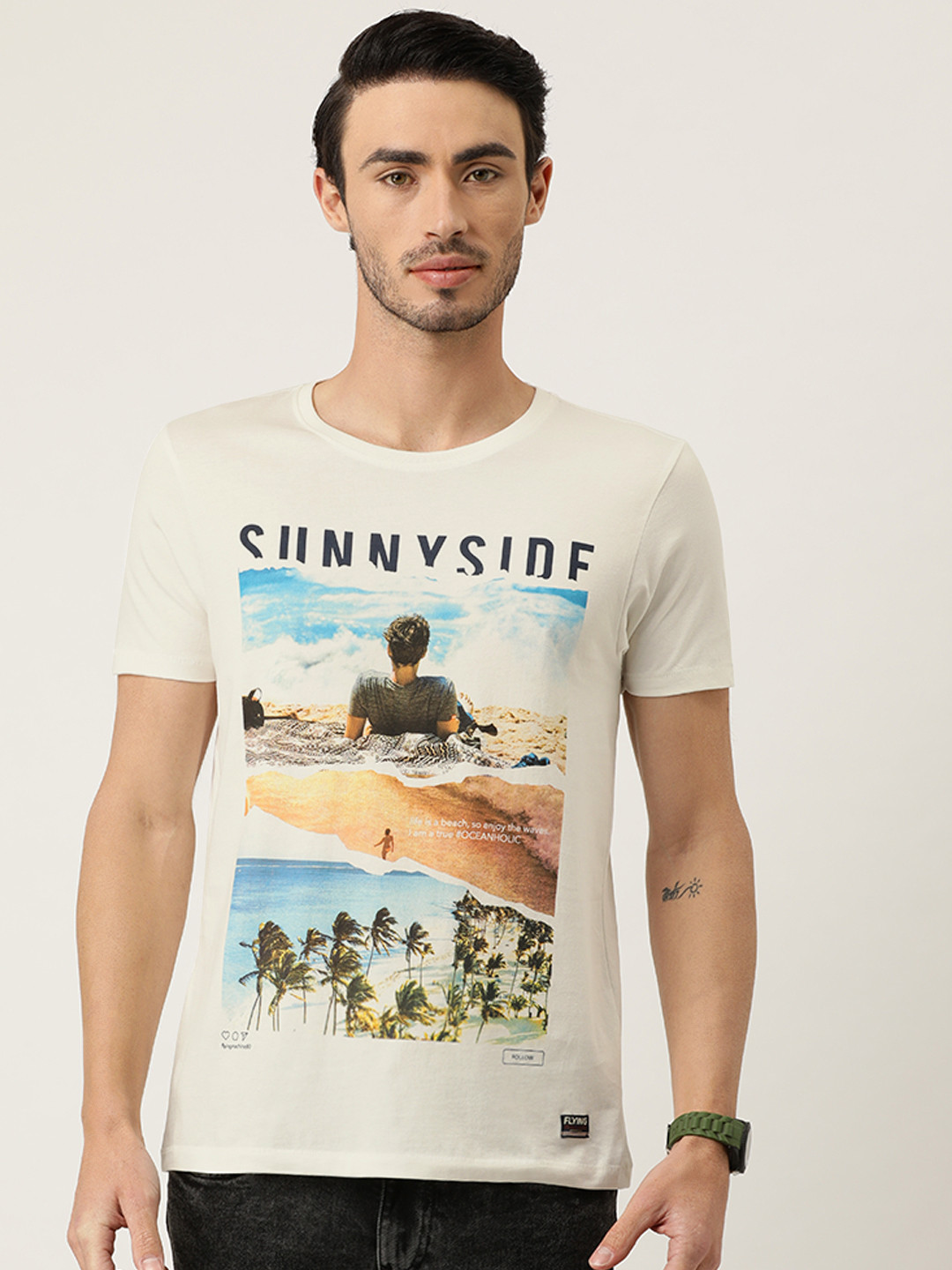 

Flying Machine Men Beige Printed Round Neck Pure Cotton T-shirt