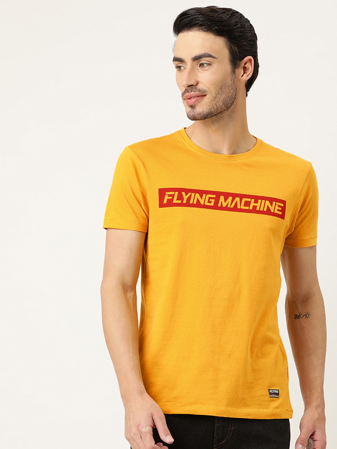 

Flying Machine Men Mustard Yellow Printed Round Neck Pure Cotton T-shirt
