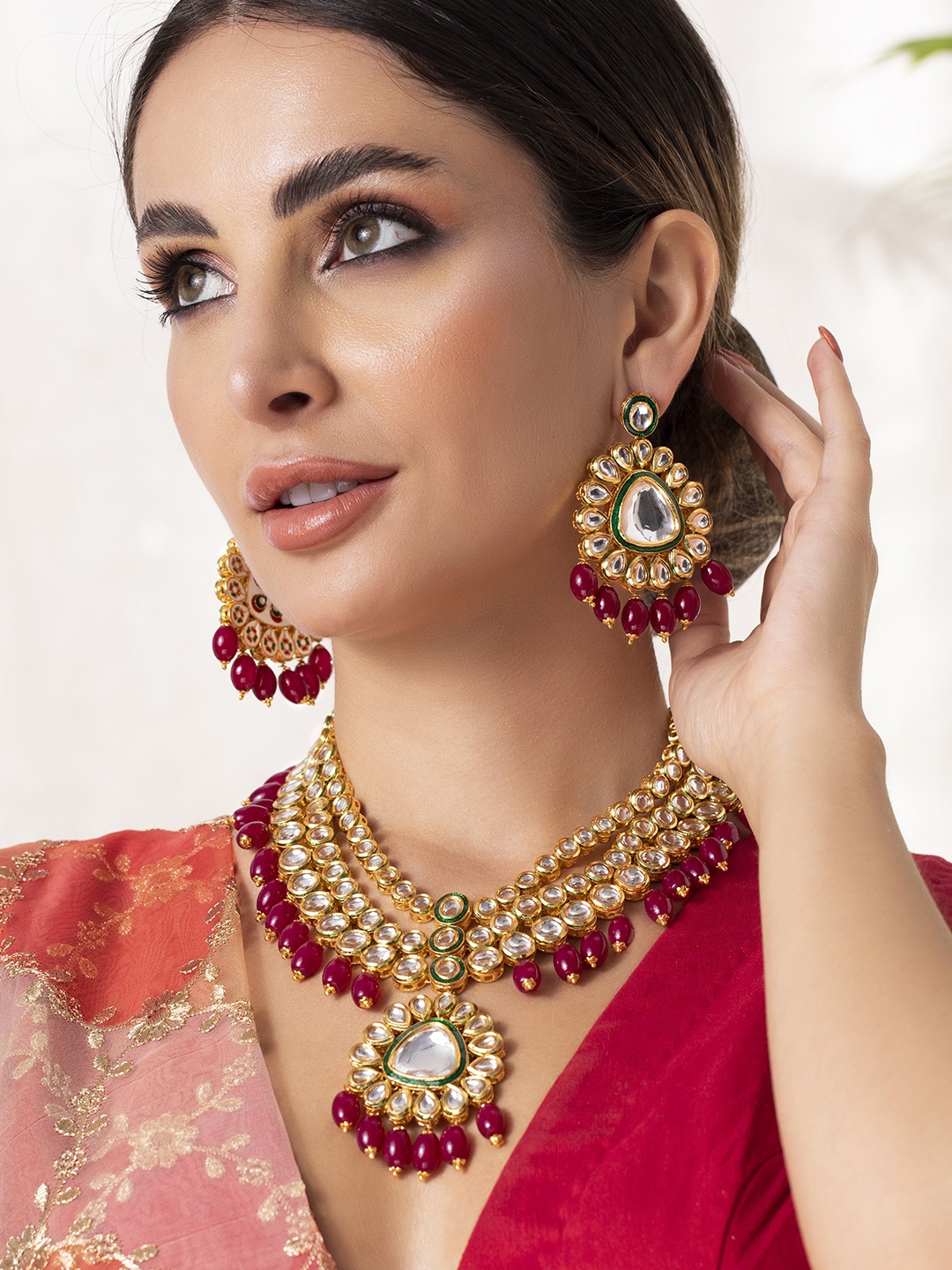 

Rubans Gold-Plated White & Maroon Kundan Studded Handcrafted Layered Jewellery Set