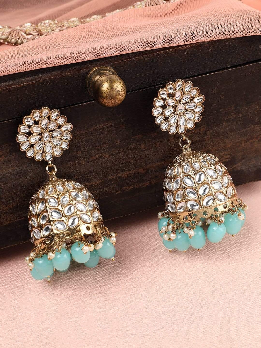 

Rubans Gold-Toned & Turquoise Blue Dome Shaped Handcrafted Jhumkas