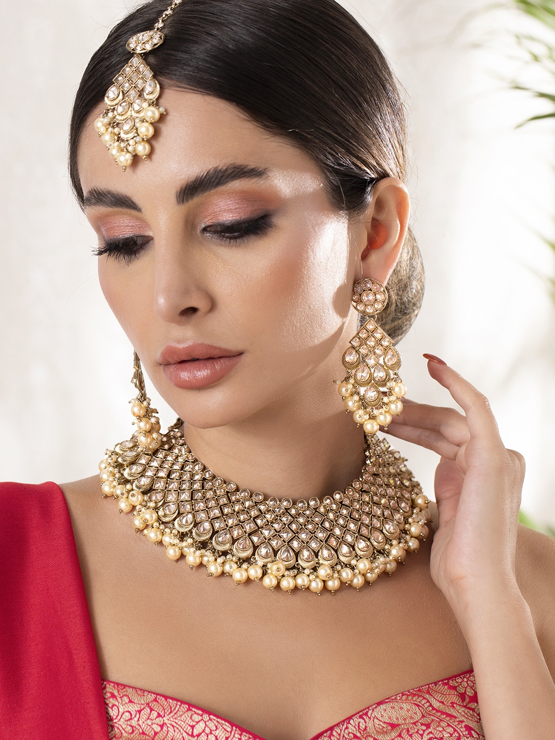 

Rubans Rose Gold-Plated Beige & White Stone-Studded Pearl Embellished Handcrafted Jewellery Set