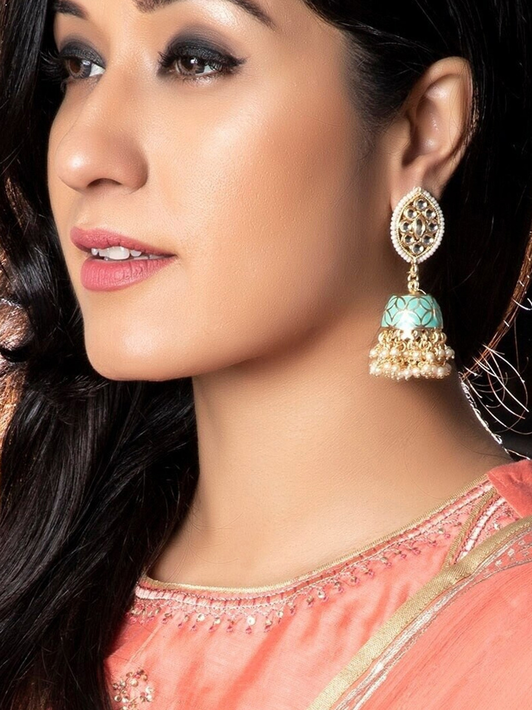 

Rubans Gold-Toned & Green Contemporary Jhumkas
